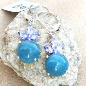 Natural Blue Quartz & Tanzanite .925 Earrings Sterling Silver Dangles Gemstones
